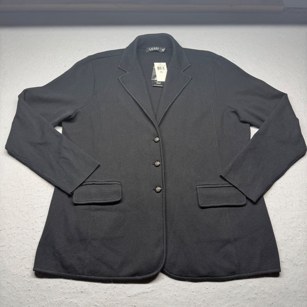 Lauren Ralph Lauren Blazer Womens XXL Black Knit Crest Button Sweater Jacket NWT